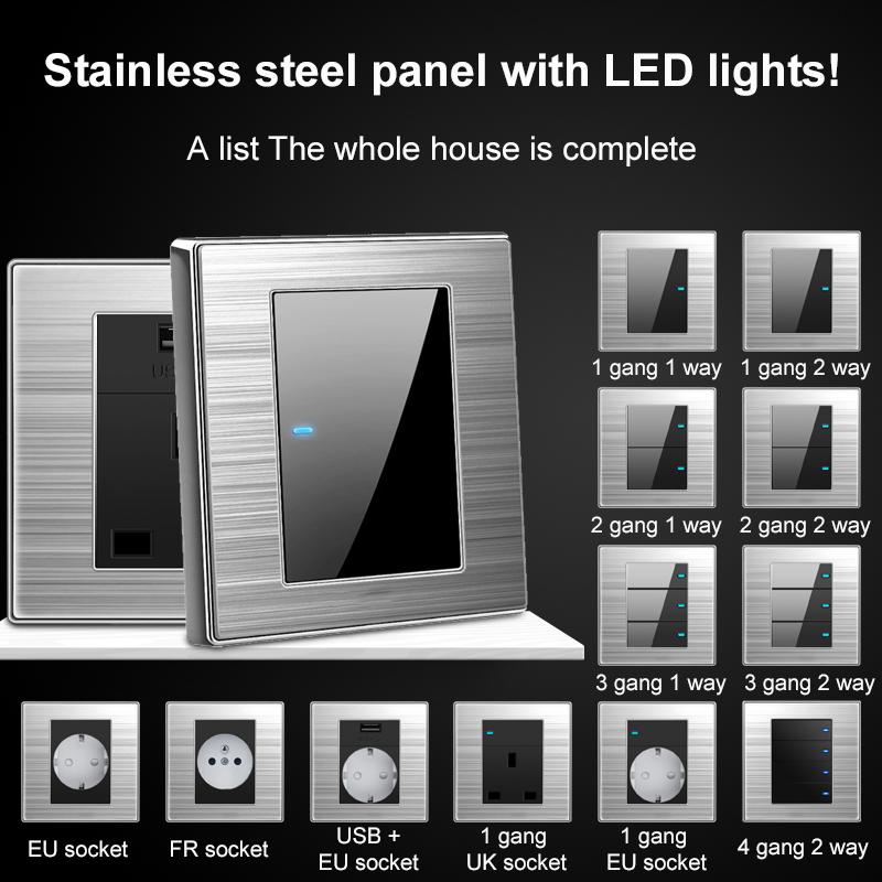 Universeller Wandlichtschalter Gebürstetes Edelstahlpanel UK Typ-c 18W Schnellladebuchse 220V Doppel-USB-Steckdose
