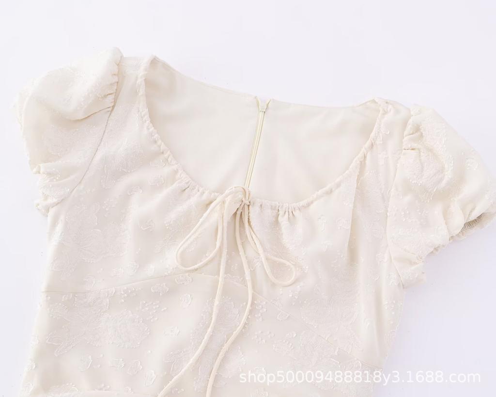 French Bubble Sleeves, Gentle Wind Temperament, Elegant Jacquard Drawstring Dress, Women's High-end Feeling, Waist and Thin Long Dress, Summer