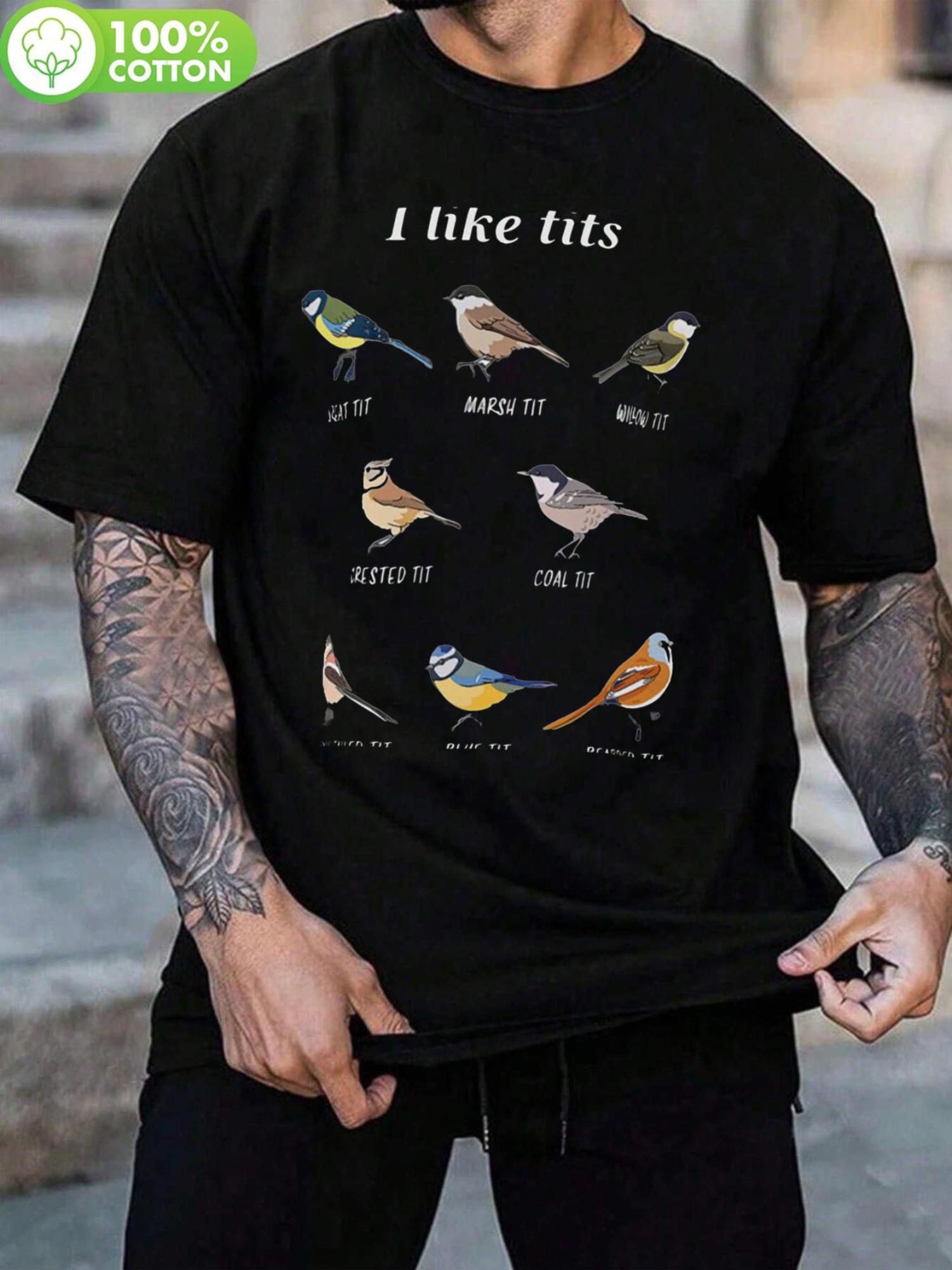 Casual Cotton Tshirt with Bird Illustrations - I Like Tit... XXXXL