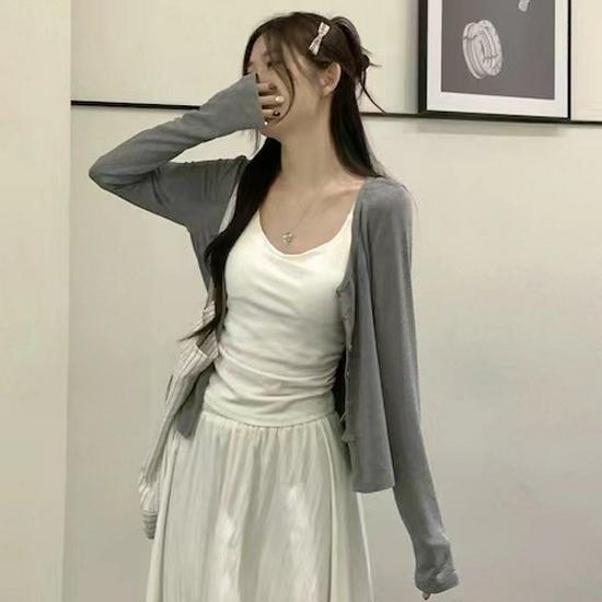 Damesommerhvitt midiskjørt og cardigan tredelt sett - Elegant og moden stil, gudinnevibb, langermet