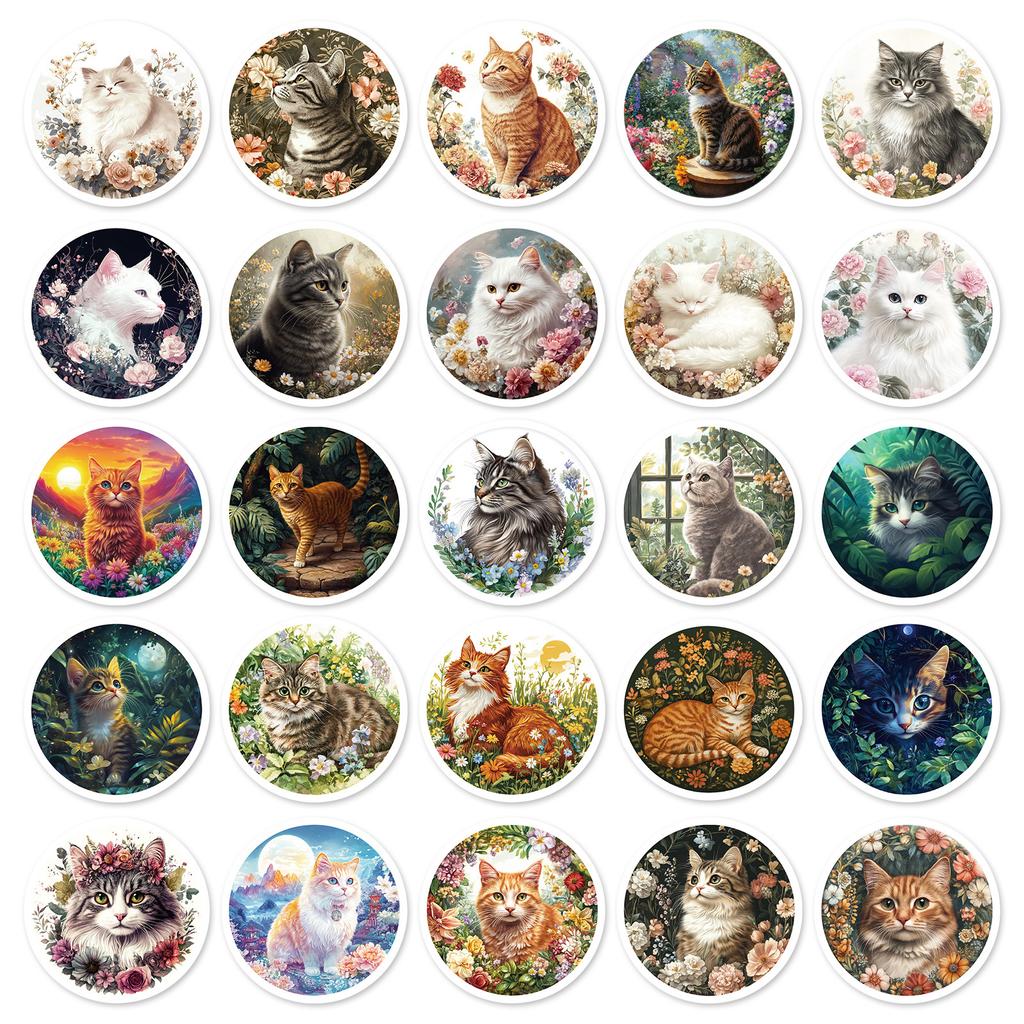 50 Round Retro Style Watercolor Cat Graffiti Stickers Floral Theme Non-Repeating Stickers