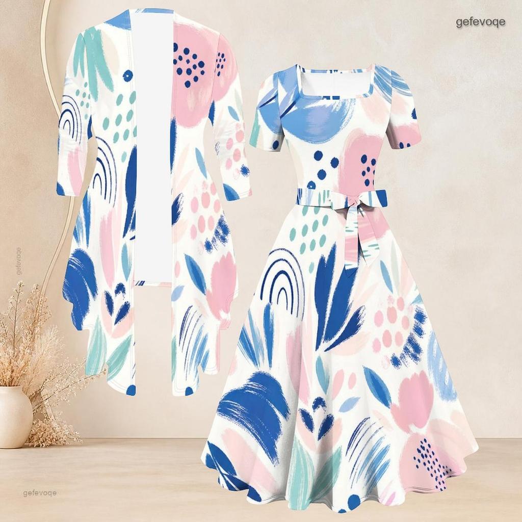 Women Plus Size Two Piece Set Long Sleeve Open Cardigan Square Neck Short Sleeve Tie Waist Printed Flared Dress