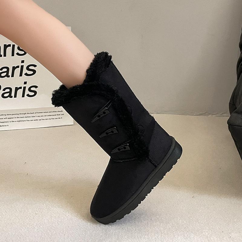 Foreign Trade Large Size Medium Tube Cotton Shoes for Women's Winter New Thickened Warm and Fluffed Button Snow Boots for Women