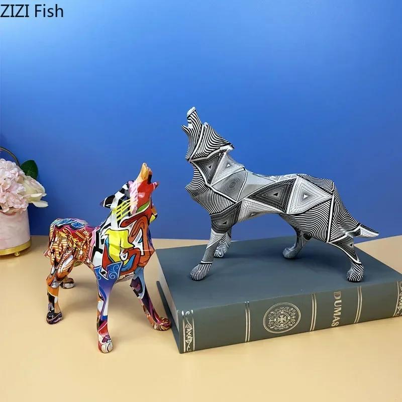 Colorful Graffiti Wolf Sculpture Desk Decoration Painted Crafts Animal Statue Ornaments Modern Home Decor Colorful Graffiti Wolf