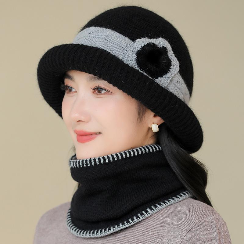 

New Style Woolen Hat for Middle Aged and Elderly Women Ear Protection Warm Knitted Basin Hat Stylish Rolled Brim Plus Velvet Granny Hat one size