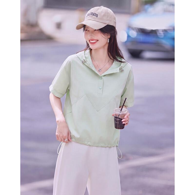 Shangjing Women s Hooded Short-Sleeve Cotton Shirt XL