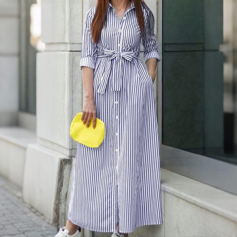 ZANZEA Women Turn Down Collar Casual 3/4 Sleeve Loose Stripe Dress