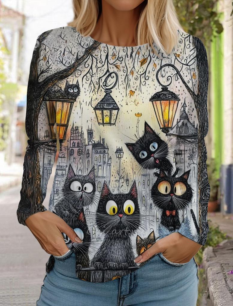 Felpa da Donna Designer Girocollo Manica Lunga Moda Casual Carina Gatto Animale Stampa Modello Top