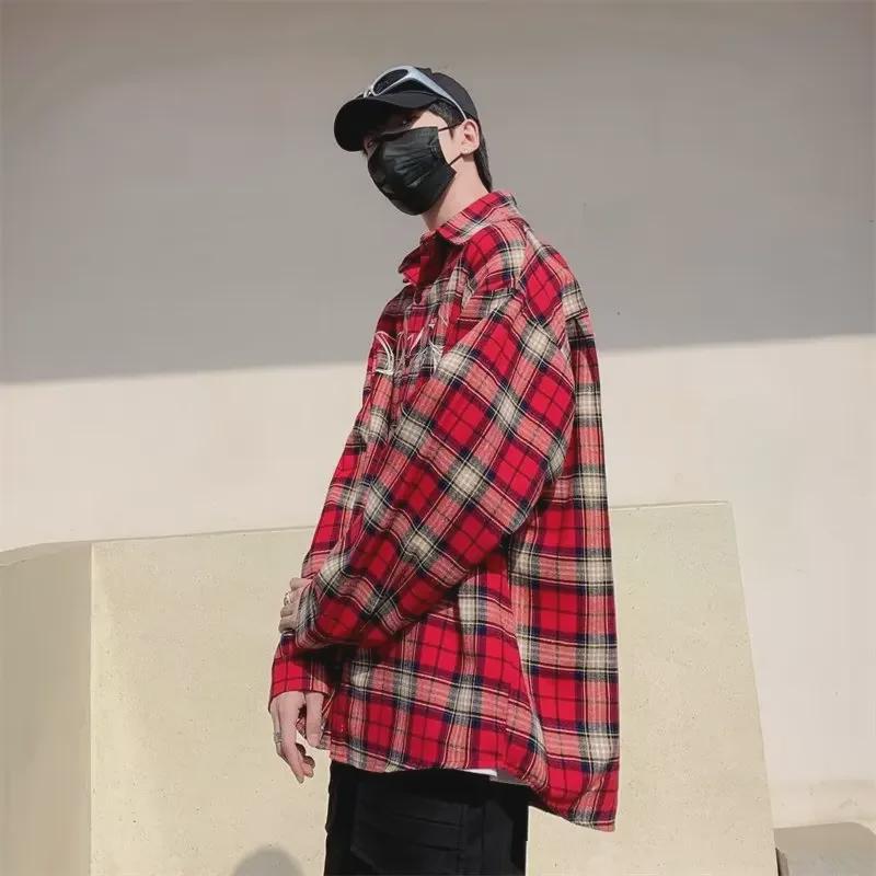 Men's Retro Red Plaid Embroidered Shirt - American Style, Loose Fit, Long Sleeve, Sun Protection