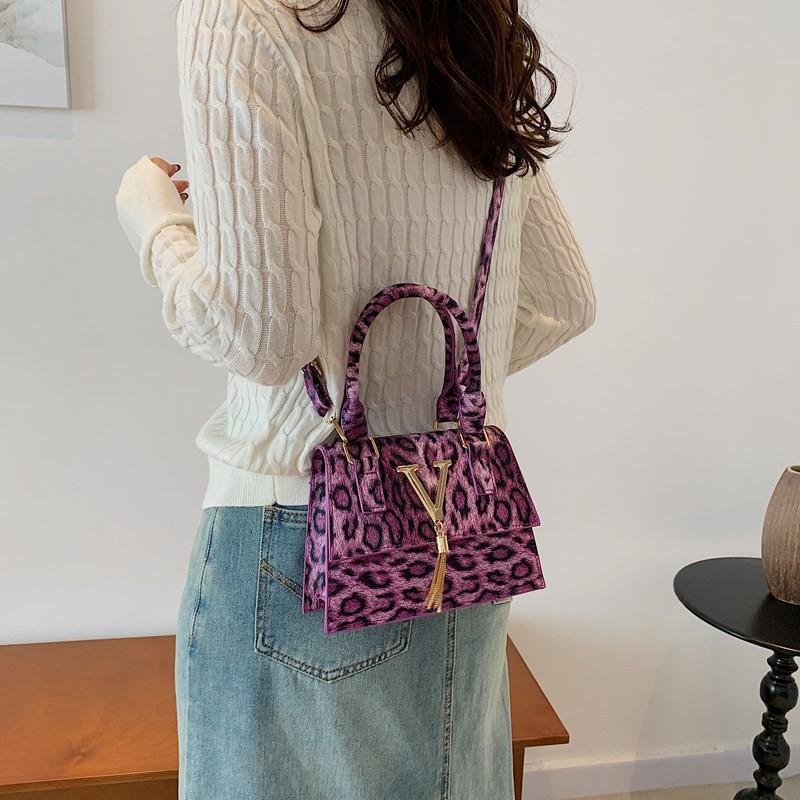 Trendy Retro Leopard Print Casual Shoulder Bag Stylish Small Square Purse In Black Green Purple Brown