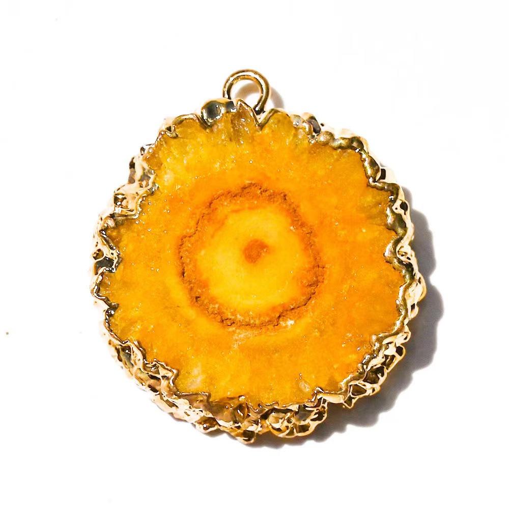 Natural crystal raw stone, sunflower pendant, agate slice, gold-plated edge, necklace, pendant