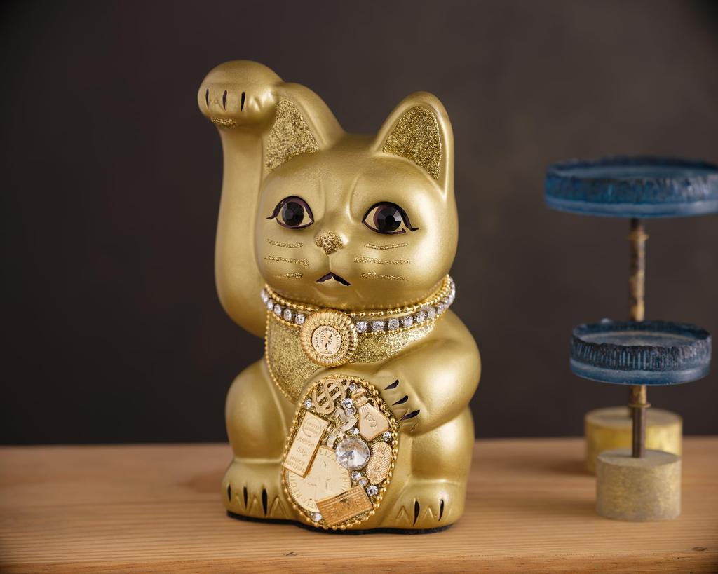 Lucky Cat Millionaire Cat (M-SIZE Gold) Right Paw Raised / Ceramic _ Lucky Cat Maneki-neko Auspicious Feng Shui Ornament (ml_M Gold)