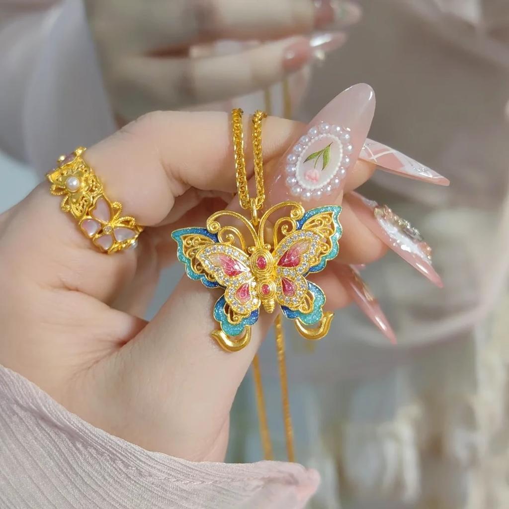 Zhuang Zhou's Dream Butterfly Thread Enamel Colored Vein Flower Butterfly Necklace Women's Burnt Blue Butterfly Clavicle Chain