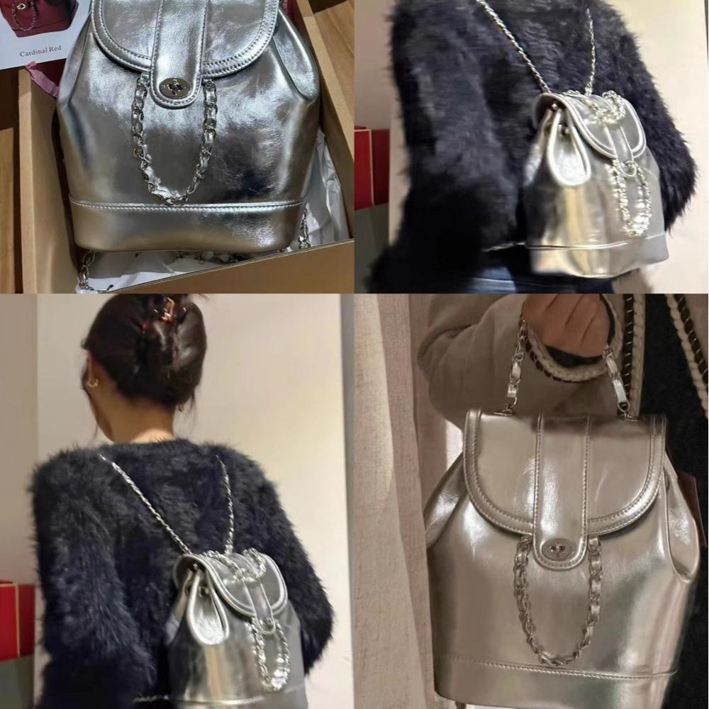 All Match Oil Wax Leather Schoolbags Ins PU Leather Backpacks Solid Color Chain Backpack  Winter