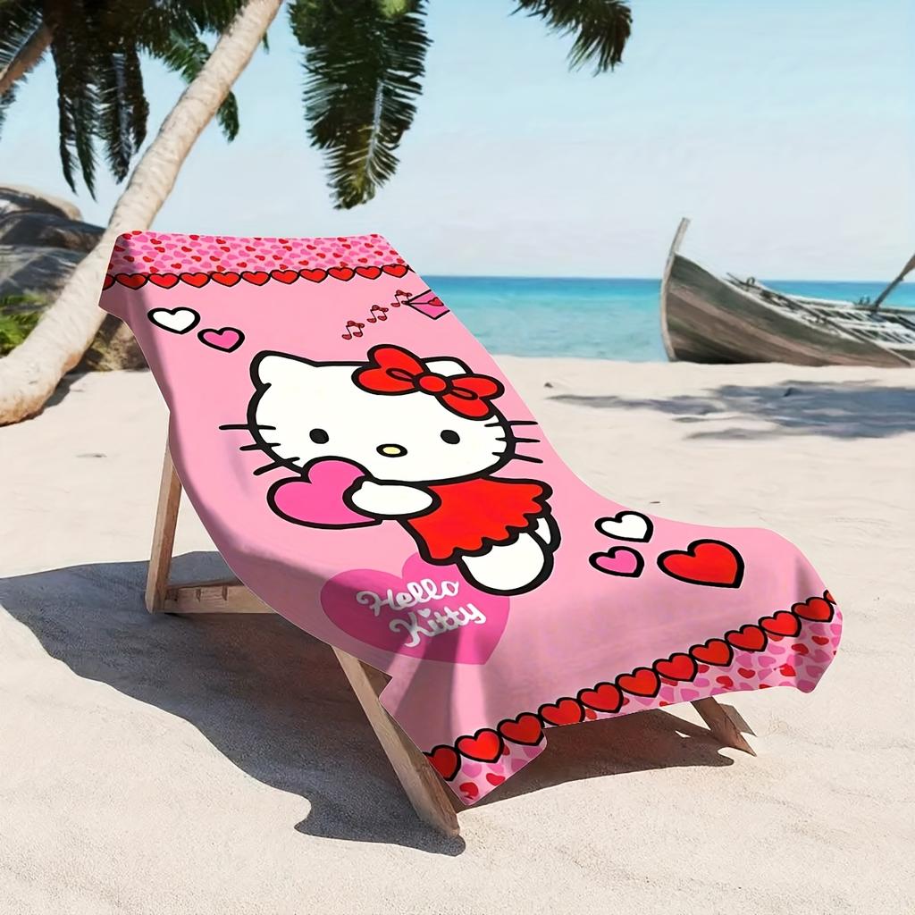 1pc Hello Kitty Heart Beach Towel: Polyester 2D Print, Holiday Gift—Quick-Dry & Lightweight, Swimming/Surfing/Camping, Unisex