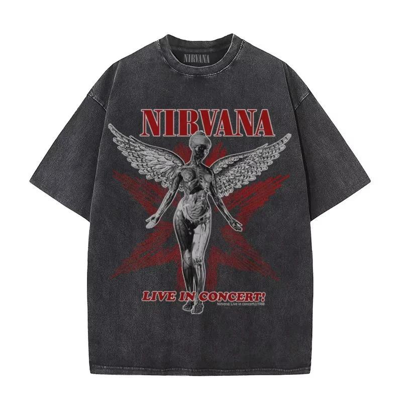 Nirvana Rock Band Men's Retro Cotton Washed Tee In Utero Album Man Women's Oversized Y2K Distress Tshirt Casual Loose Streetwear