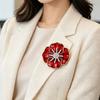 Flower Brooch Pin with Red Enamel-Style Floral Design and Clear Stone Center, Alloy Lapel Accessory for Coats, Scarves, Bags and Commemorative Wear