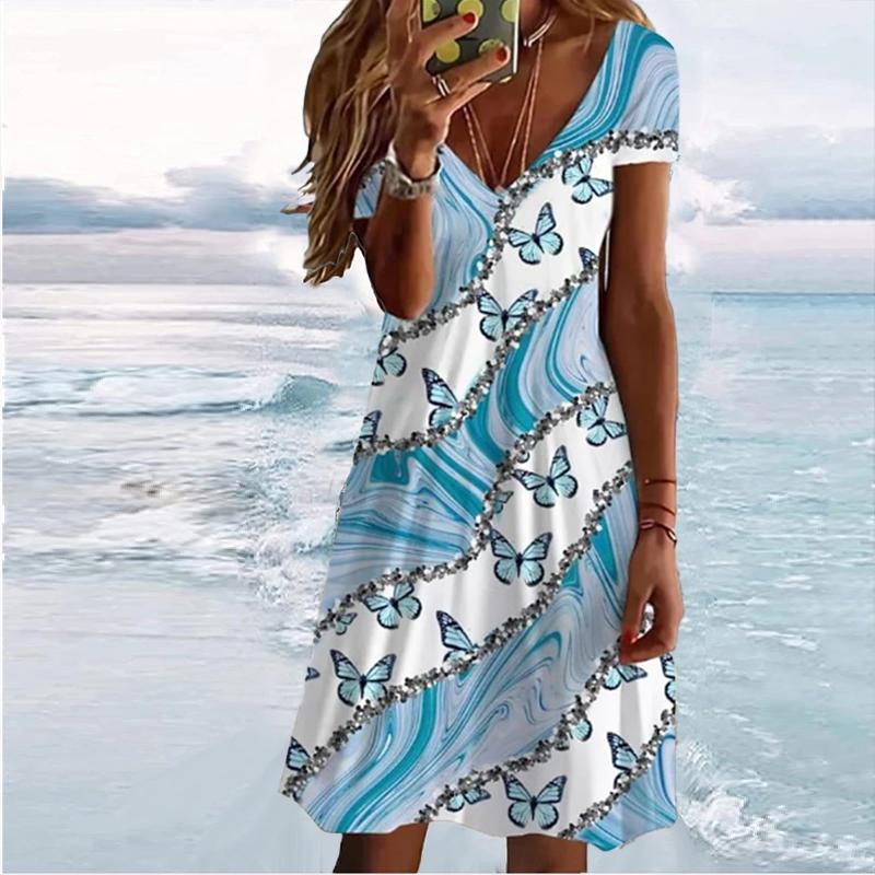 

Летняя мода женские V-образный вырез короткий рукав красивые цветы принтованные платья сексуальные короткие юбки платья 8XL темно-синий