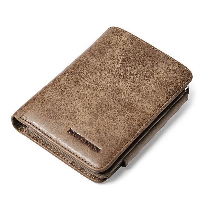 BOSTANTEN Herren-Geldbörse, kurzes Design, Vollnarbenleder, faltbarer Kartenhalter, Khaki