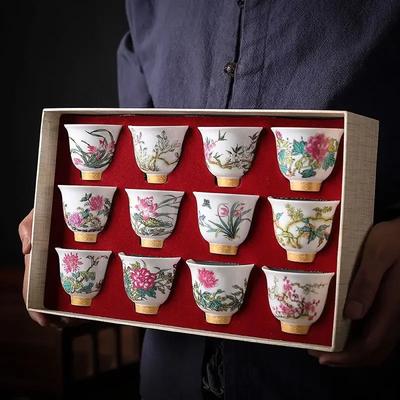 Kung Fu Tea Cup Twelve Flower Gods Set Enamel Pastel Ceramics 12 Pieces Gift Box Host's Ceramics & Pottery Chinese Teaware Bar