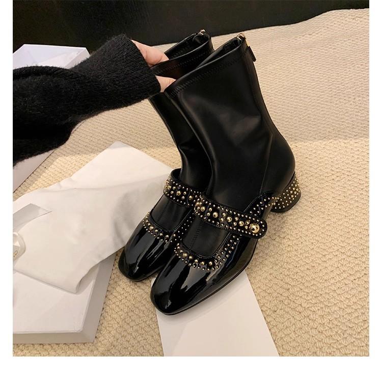 Spot Second Hair! Fashion Versatile New Square Head Rivet Rear Zipper Medium and High Elastic Boots Women's Thin Short Boots