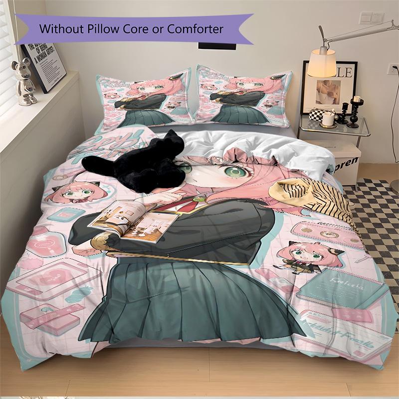Pink Hair Girl Cat Ears Print 3Pcs Bedding Setduvet Cover With 2 Bedropillowcase Home Birthday Gift