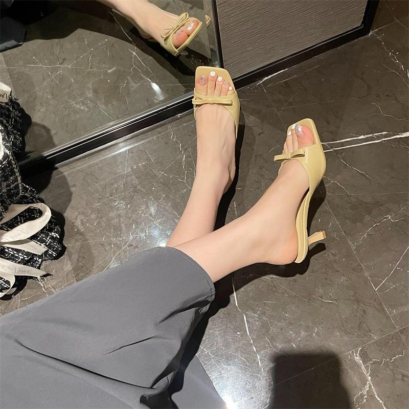 High-heeled slippers women's 2025 spring and summer new bow literally thin strap square-heeled high-heeled sandals