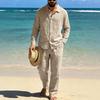 Men's Linen Long-Sleeve Lapel Shirt & Straight-Leg Pants Set for Casual Spring/Autumn Beachwear