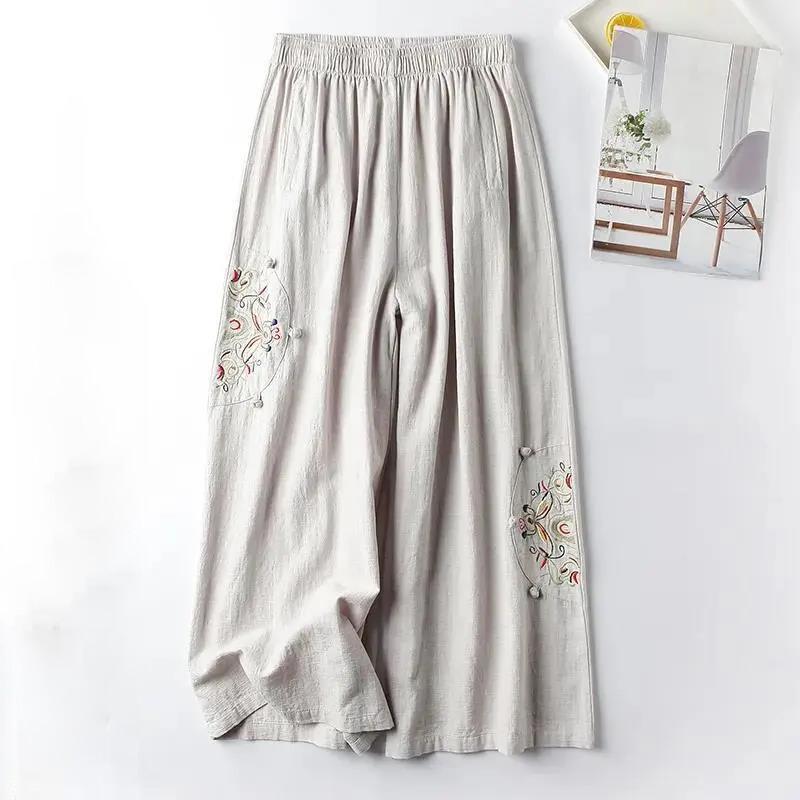 Große Damen-Sommermode, lässige Retro-Stickerei, gerades, weites Bein, Neun-Punkt-Hose