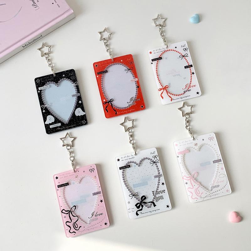 Cute Heart Bow Photocard Holder with Star Keychain Lace Frame Transparent ID Card Protector for Teen Girls Gift Card Display