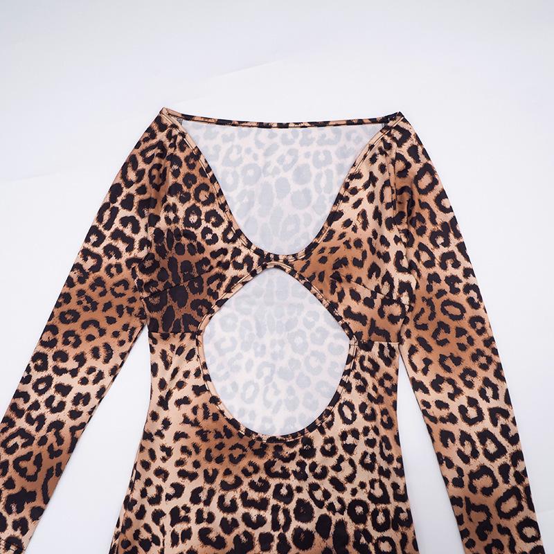 European & American Women's Autumn Leopard Print Hollow Out Long Sleeve Cropped Slim Fit Dress