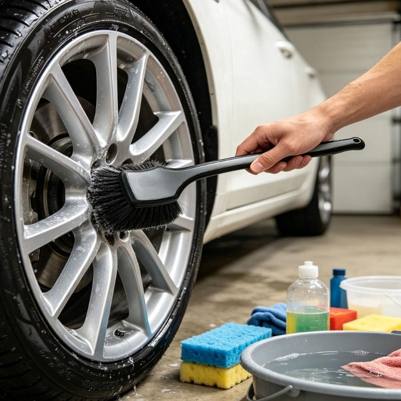 Soft Bristle Wheel Brush with Long Handle, Wide Head and Hanging Hole for Tire Cleaning, Wheel Care and Vehicle Washing