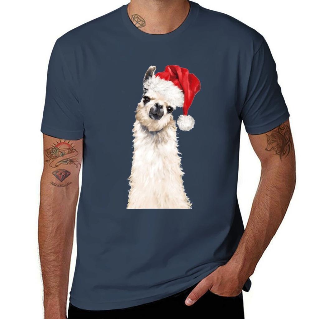 Christmas Llama In Pink Tshirt Basic Short Sleeve Cotton Blend Tshirt