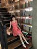 [Spot] Sweet and cool lace-up stacked skirt fat MM summer new red plaid suspender dress solid color short