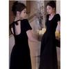 French Hepburn Style Sexy Halter Black Dress Summer New Waist Thin Round Neck Short Sleeve Long Dress