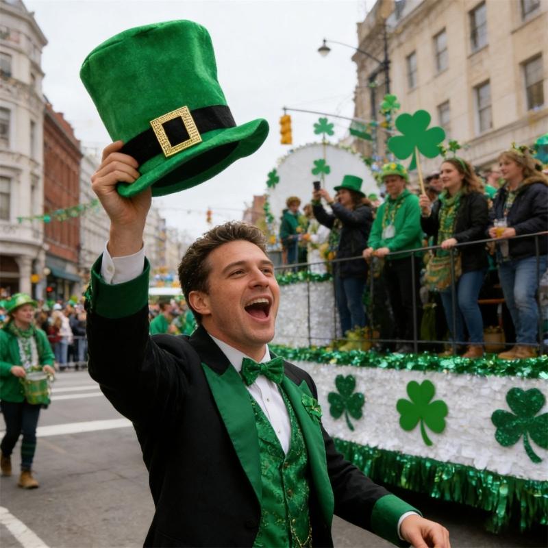 Zielony irlandzki kapelusz festiwalowy z 6 sztucznymi wąsami i brodami, kapelusz cosplay na Dzień Świętego Patryka dla mężczyzn i kobiet, na festiwal