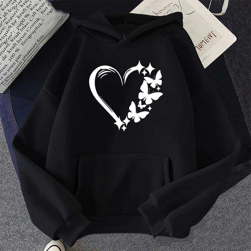 Love and Butterfly Pattern Hoodie Autumn Winter Women Casual Fashion Hip Hop Street Hoodies Simple Fleece O-Neck Sweatshirts