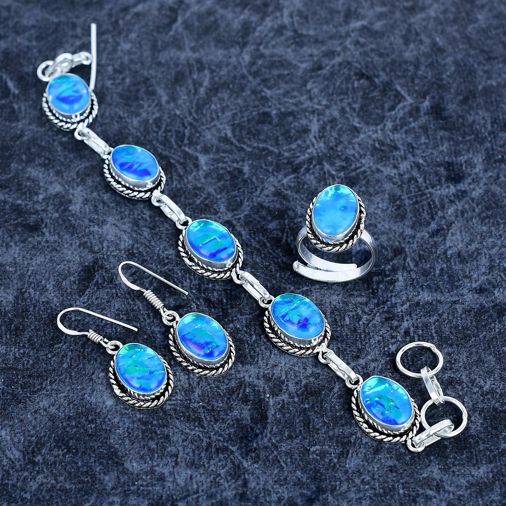 

Blue Triplet Opal Gemstone Handmade 925 Sterling Silver Jewelry Set M-3196