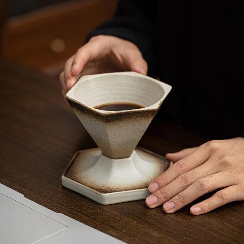 Retro Coffee Cup Creative Hexagonal Cup Light Luxury Coarse Pottery Mug Handmade Cup Nordic Design Cone Cup