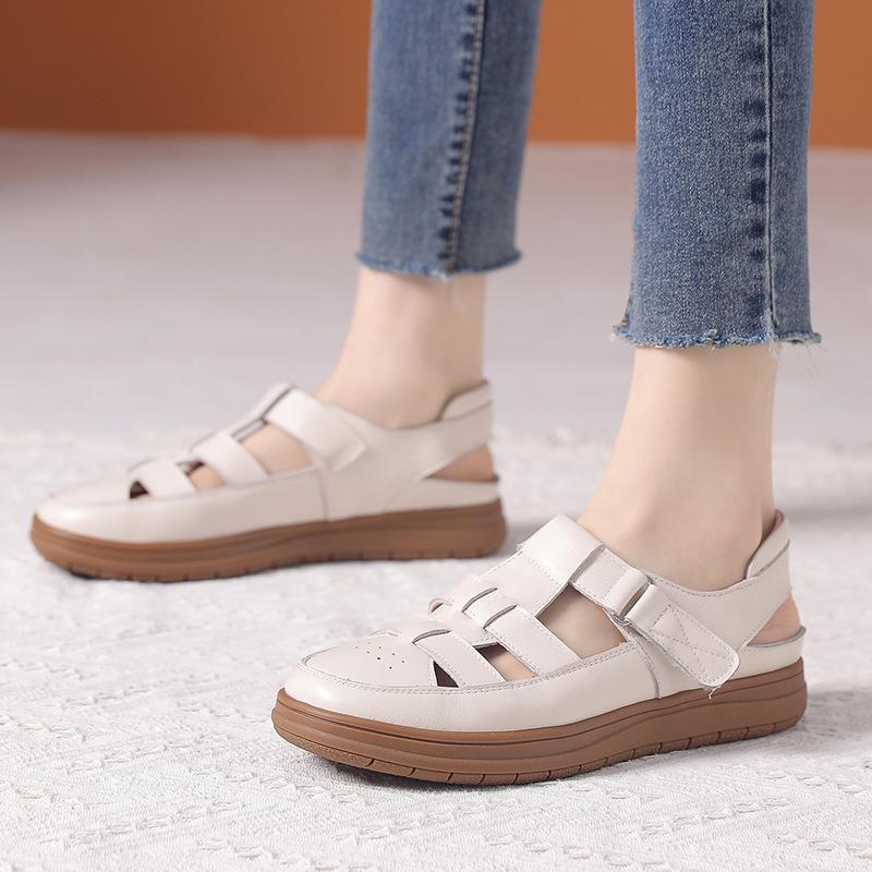 GKTINOO Genuine Leather Roman Sandals 2025 Summer Women Sneakers Closed Toe Comfortable Hollow Soft Sole Mom Shoes Plus Size