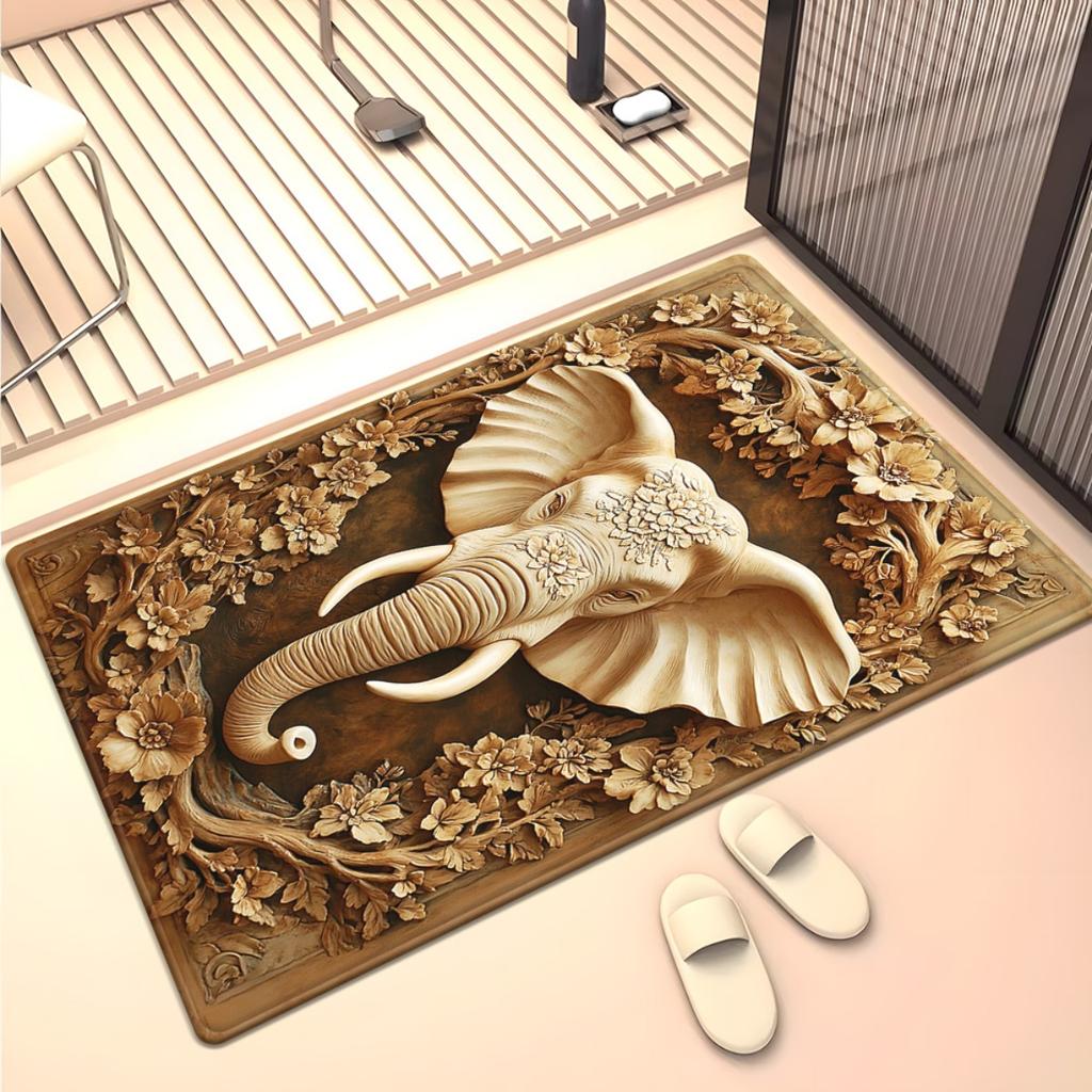 3D Carved Elephant Flower Crystal Velvet Rug Boho Style Living Room Floor Mat Natural Wood Look Anti Slip Area Carpet