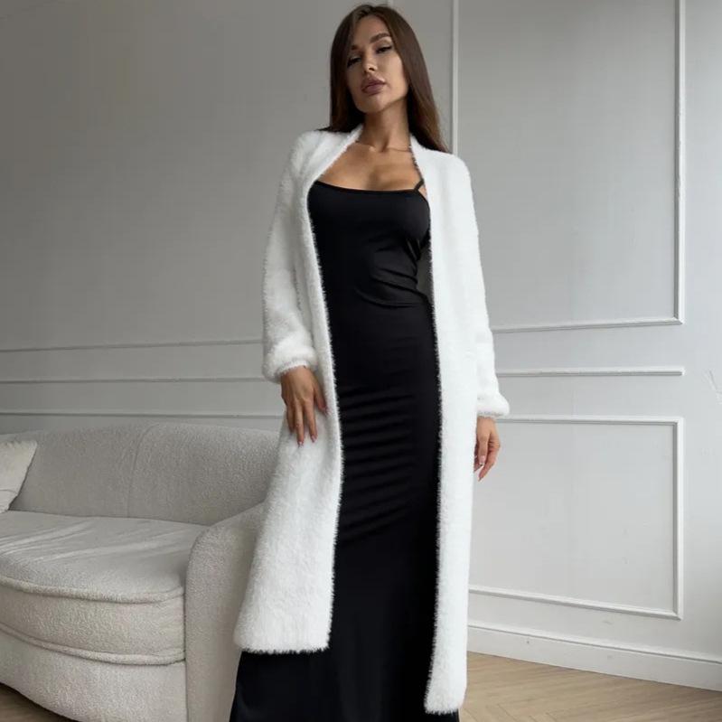 Damen Übergröße Weißer Faux-Mink-Cardigan - Weicher, lockerer, gestrickter Mantel für Herbst & Winter