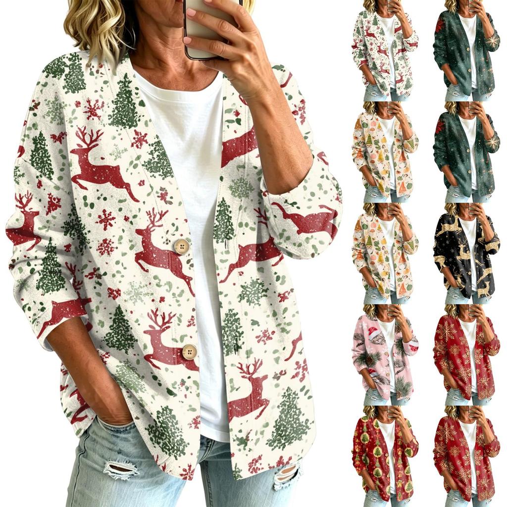 Women's Fashion Casual Button Front Christmas Print Coat
