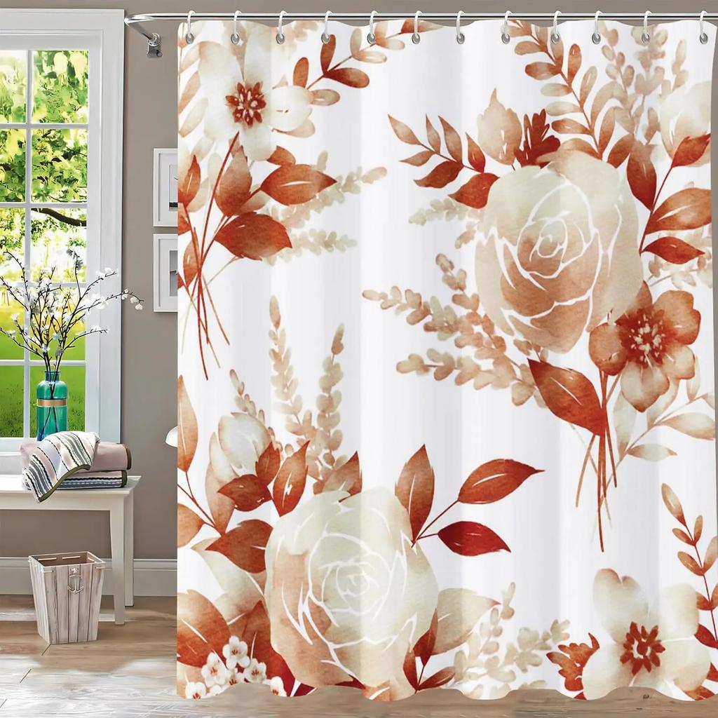 Bathroom Fabric Shower Curtain Waterproof Green Washable Watercolor Leaf Top Plant Bathroom Shower Curtain with Flowers