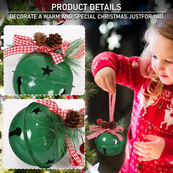 Christmas Bell Ornaments with Pinecones Berries Plaid Bow Rustic Metal Jingle Bells Xmas Tree Hanging Decor for Holiday Door Window Tree Party Decor