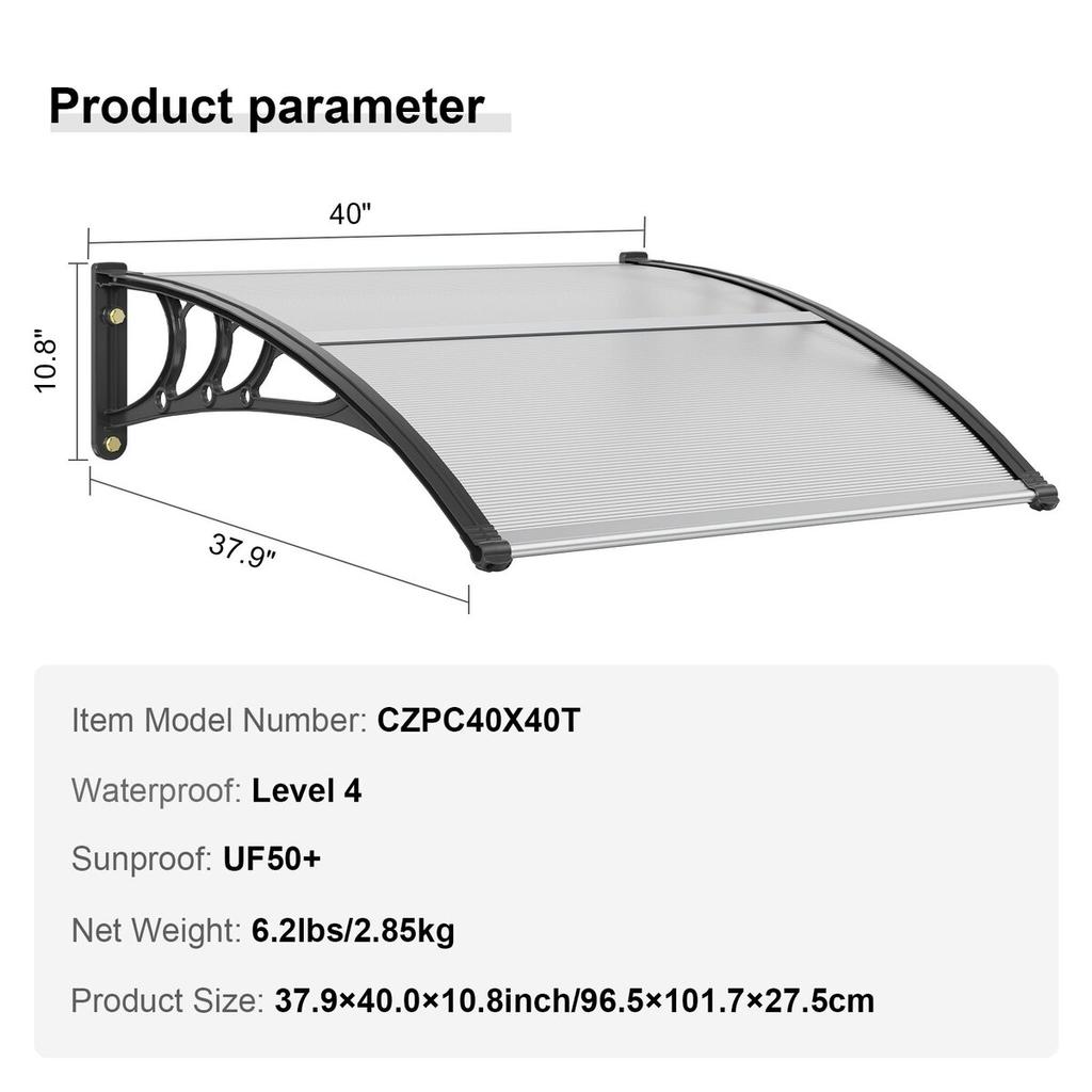 Window Door Awning Canopy 40" x 40", UPF 50+ Polycarbonate Entry Door Outdoor Window Awning Exterior, Front Door Overhang Awning for Sun Shutter, UV,