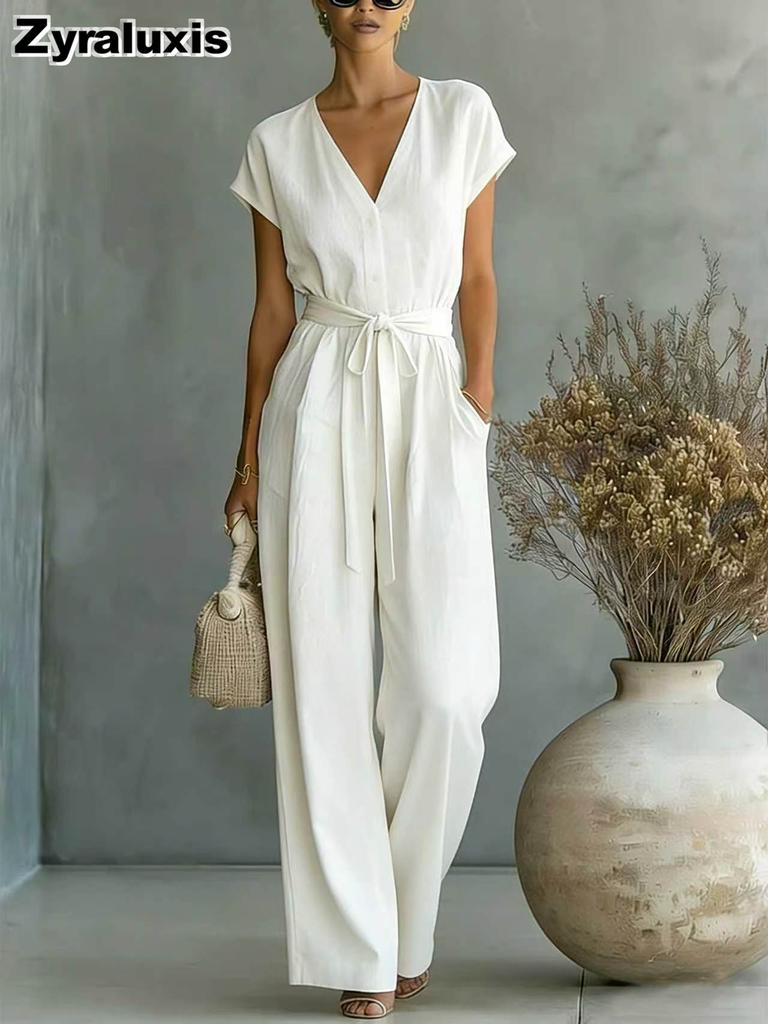 New Women's Summer Office V-Neck Waist Belt Bodysuit