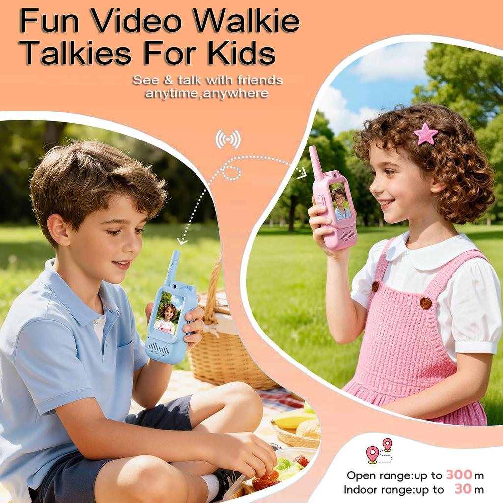 Video Kids Walkie Talkie 2 Pack Rechargeable Children Indoor Outdoor Toys for Camping Travel Birthday Gifts
