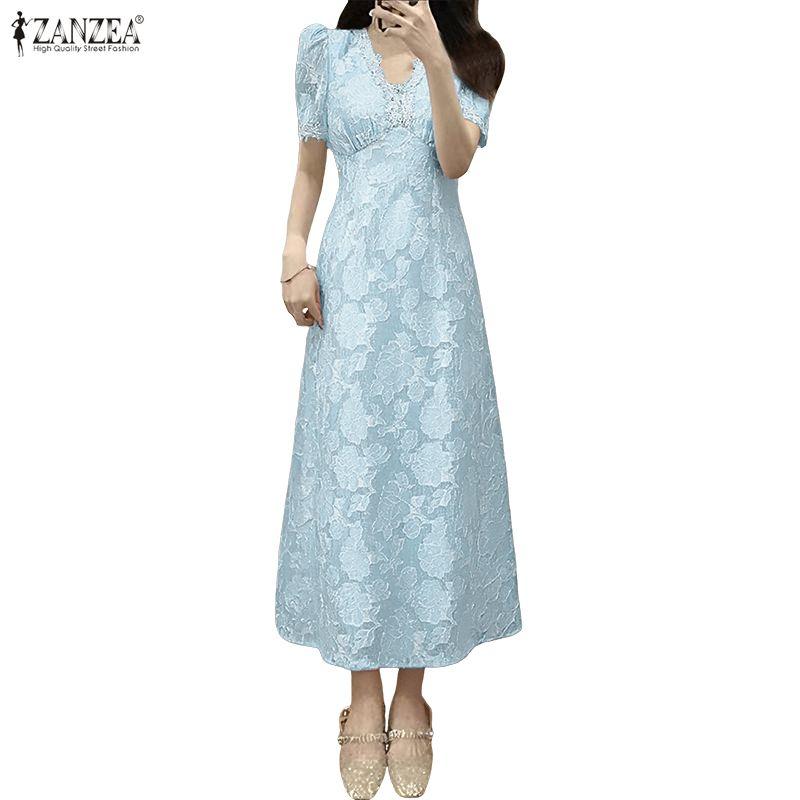 ZANZEA Women V-Neck Summer Short Sleeve Patchwork Lace Dress