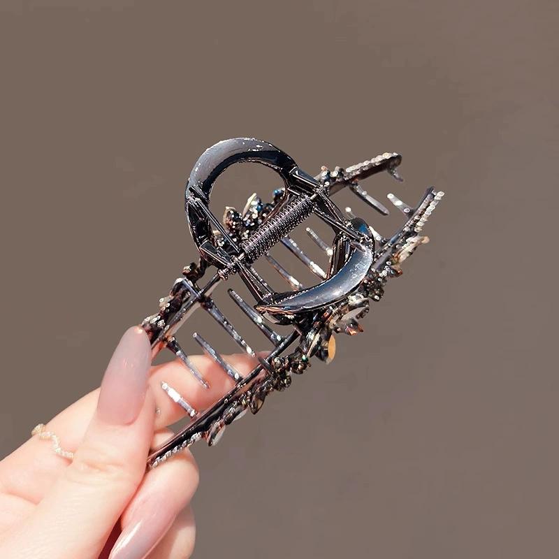 1Pcs High End Back of Head Hair Clip Women Headwear Crystal Flower Hair Accessories Large Size Black Metal Hair Claw